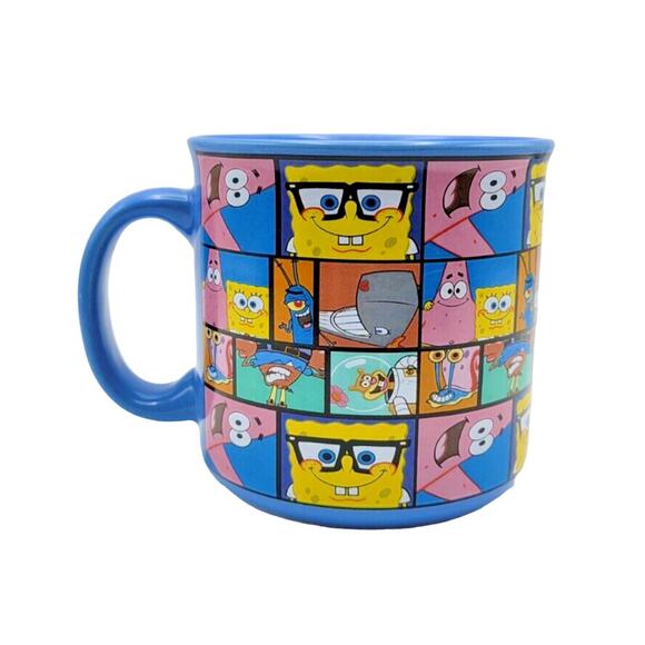 SpongeBob SquarePants Nickelodeon Character Grid Blue Ceramic Camper Mug 20 OZ - Picture 1 of 4